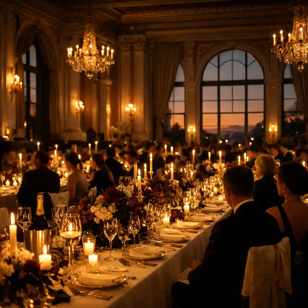 Festliches Gala-Dinner in hoher Halle mit Kerzen und warmem Abendlicht