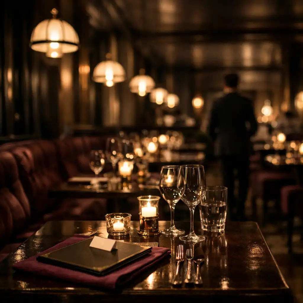 Dunkler Restaurantabend mit Kerzenlicht, Samtbanquette und gedeckten Tischen