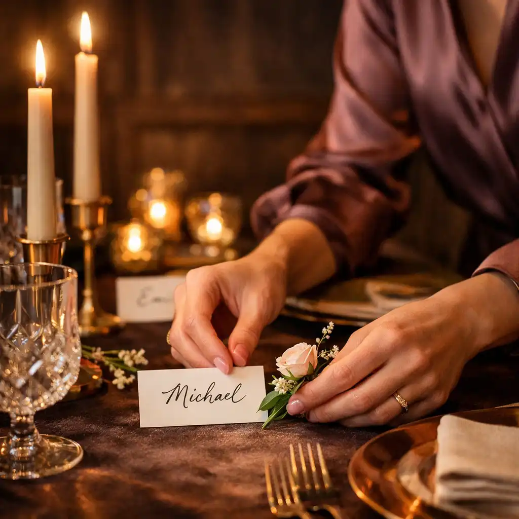 Hands arranging place cards, flowers and candles on a refined dinner table