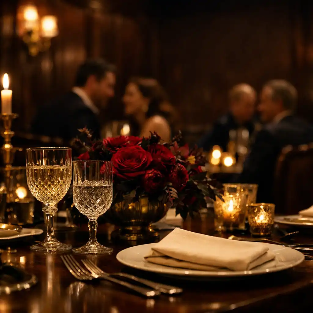Detail einer privaten Dinnertafel mit Kristallgläsern und warmer Architektur in München